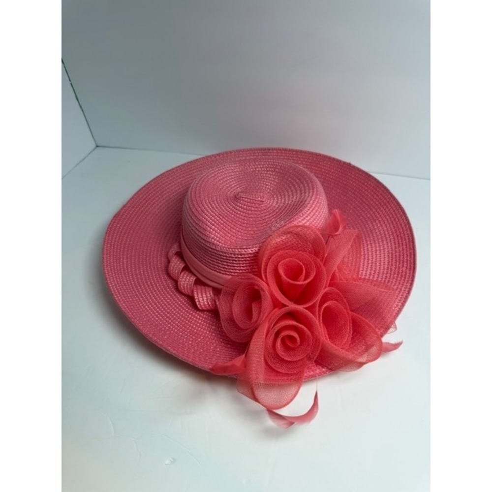 Kate Landry Coral Pink Wide Brim Sun Hat Derby Floral Mesh Rosette Feather